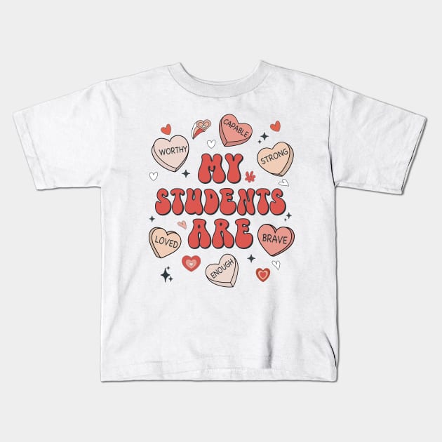 Teacher Valentines Day Positive Affirmations Candy Hearts Kids T-Shirt by Imou designs